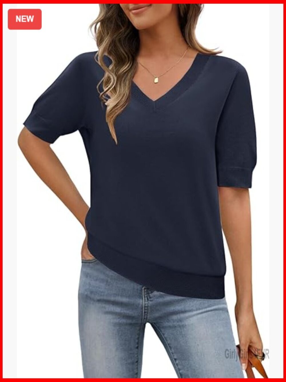Lightweight V-Neck Short Sleeve Sweater Top Business Casual Knit